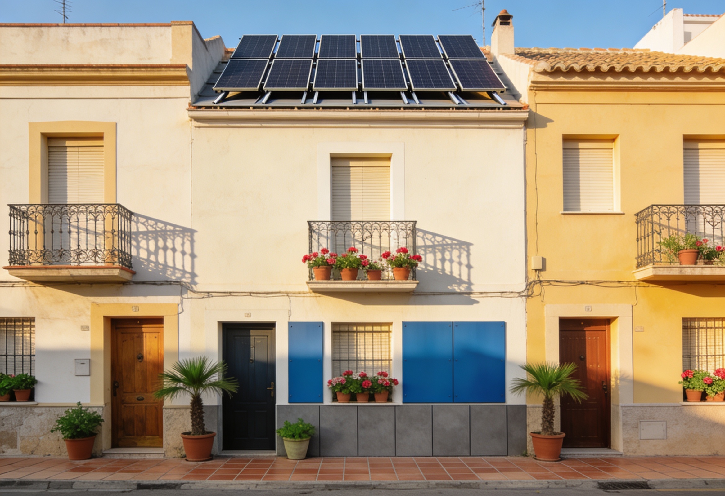 Hilera de adosados valencianos con placas solares en la cubierta