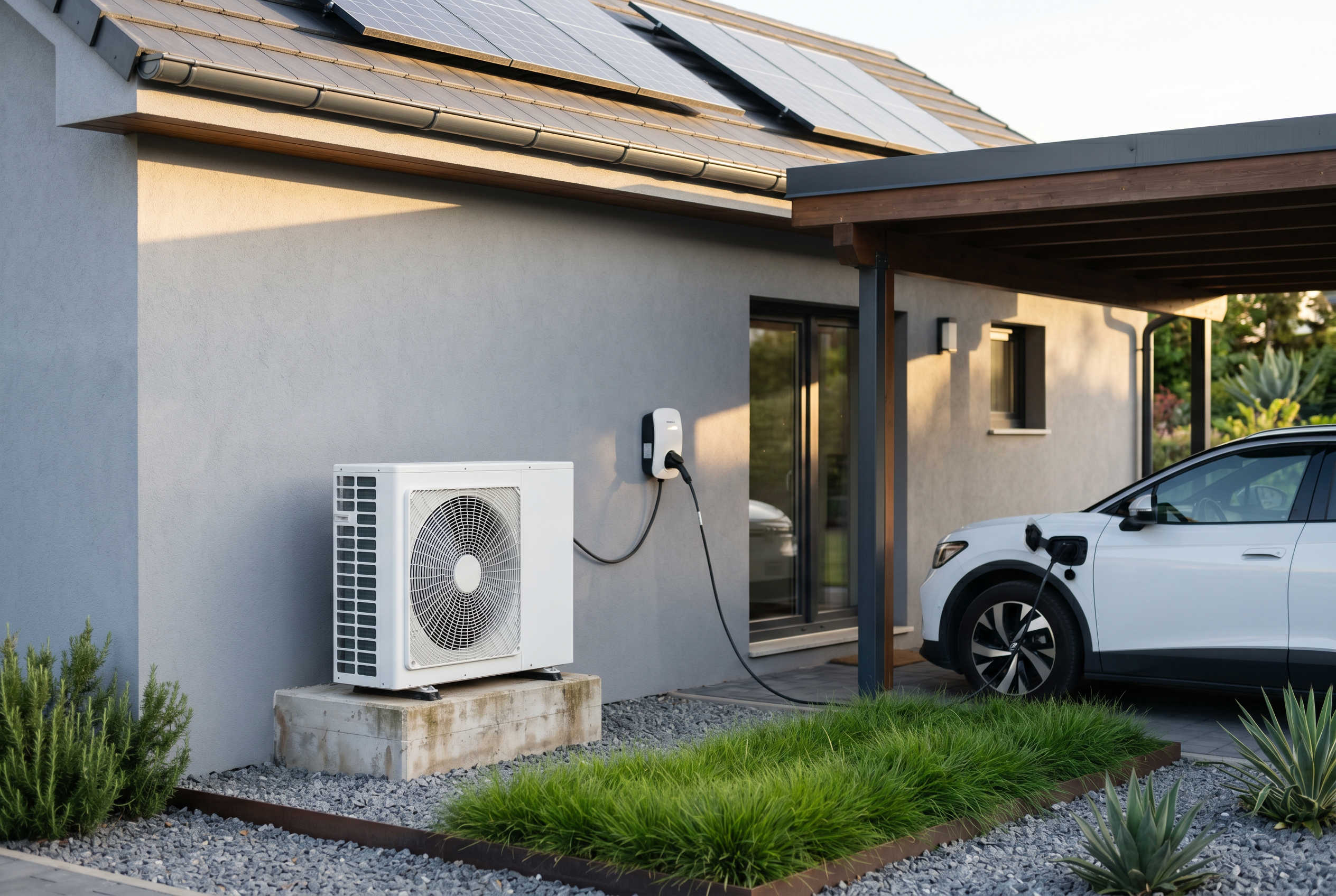 Unidad de aerotermia y coche eléctrico cargando junto a una vivienda