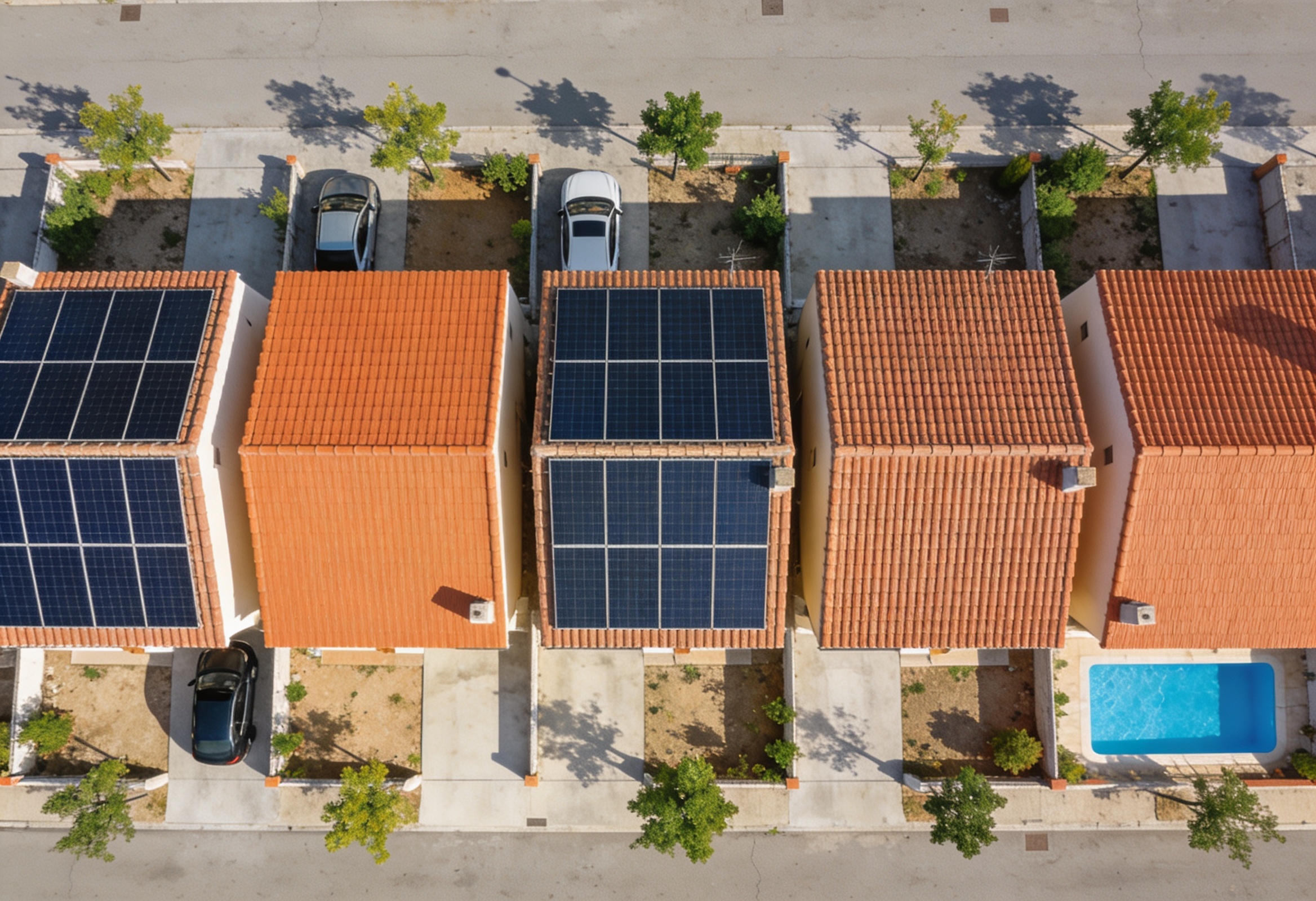 Vista aérea de un barrio con varios tejados cubiertos de placas solares