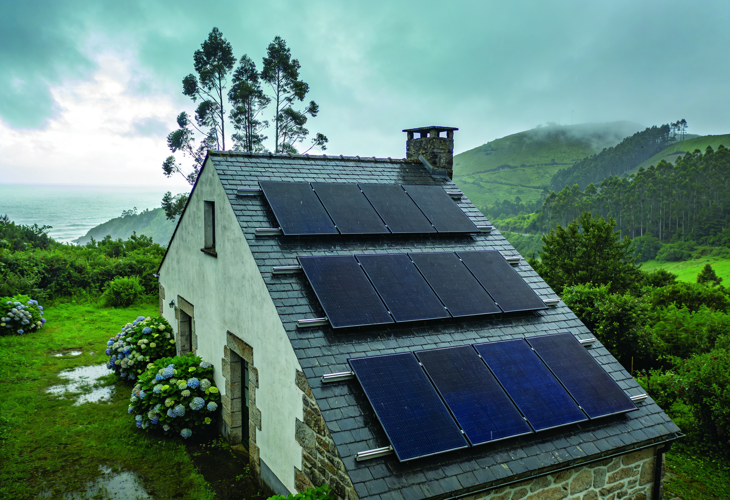 Vivienda gallega de piedra con placas solares bajo cielo nublado