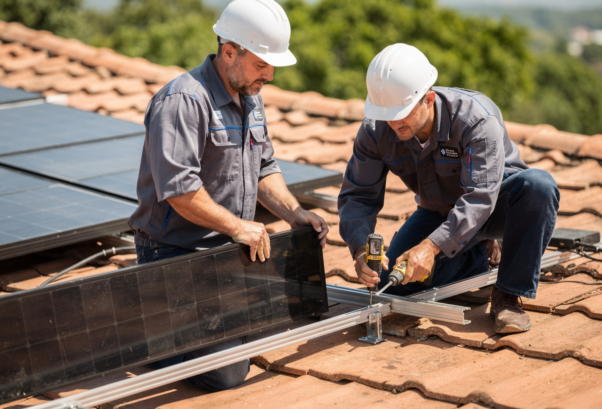 Dos instaladores colocando una placa solar sobre raíles en un tejado
