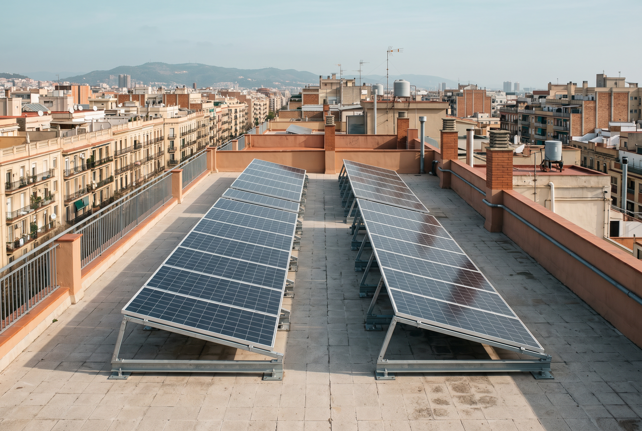 Terraza de un ático de Barcelona con placas solares sobre estructura inclinada